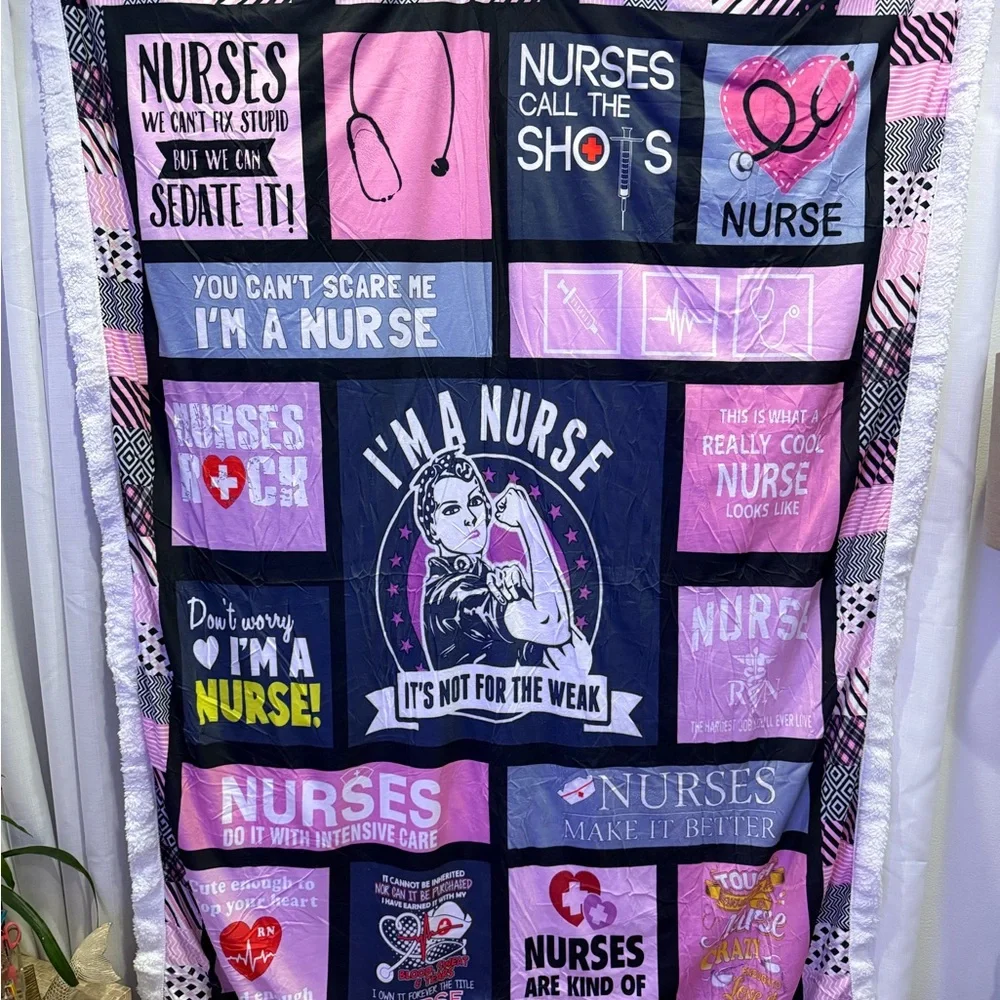 NWT Nurse-Themed Pink and Blue Cozy Sherpa Blanket